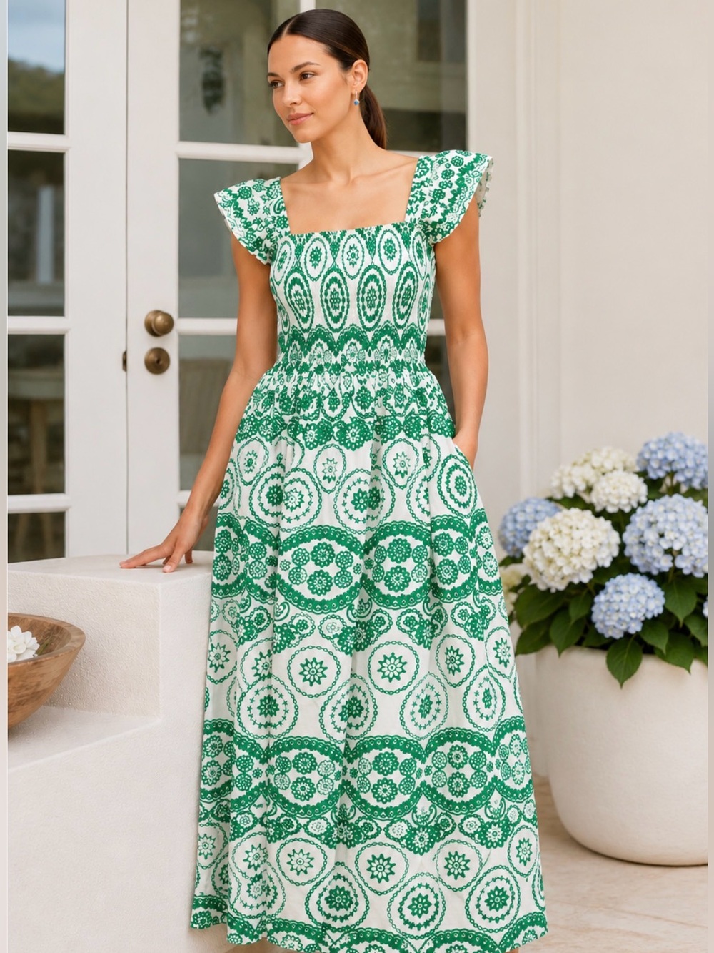 Green Embroidered Square-Neck Maxi Dress with Smocked Bodice and Flutter Sleeves - Picture 1 of 5